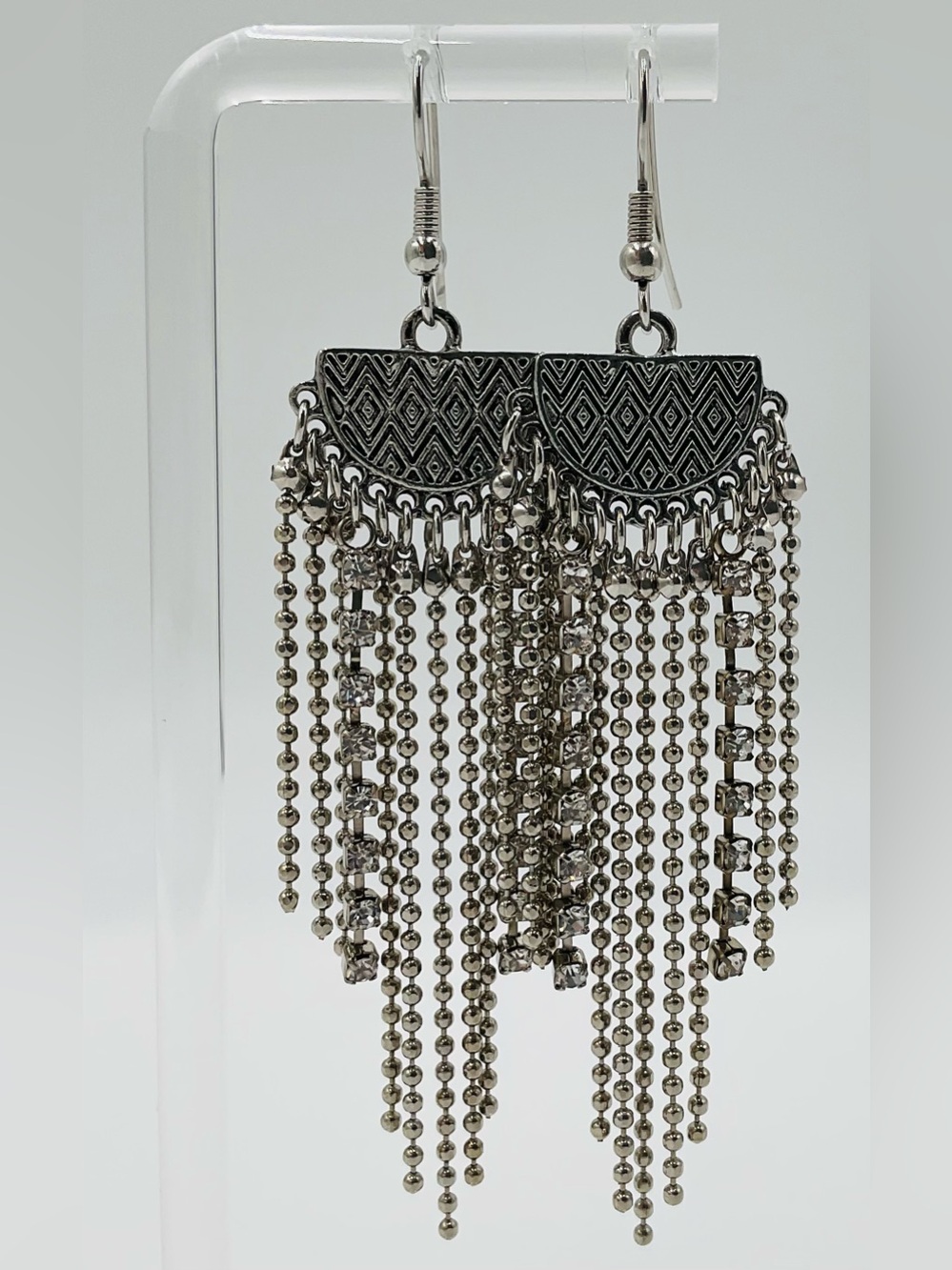 Silver Boho Fringe Chandelier Earrings with Clear Crystals 3 1/2” in Length